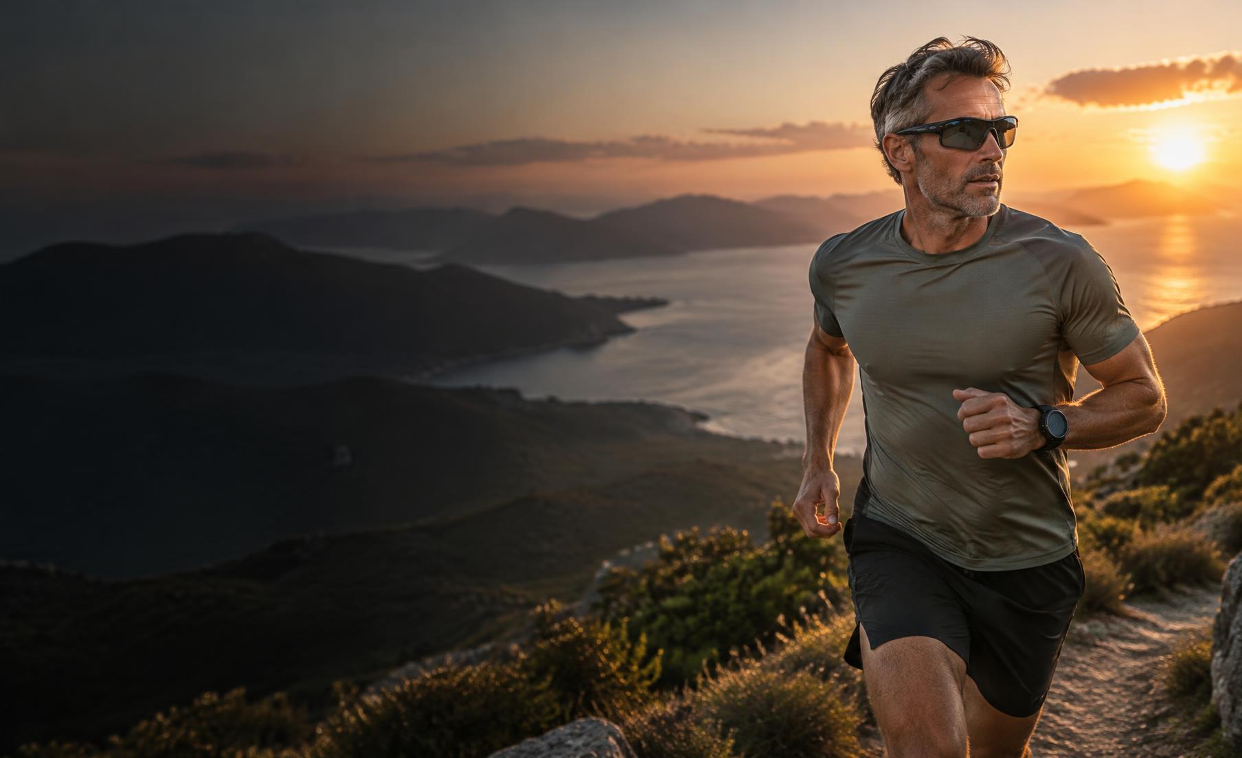 Hombre de más de 50 años trotando al amanecer